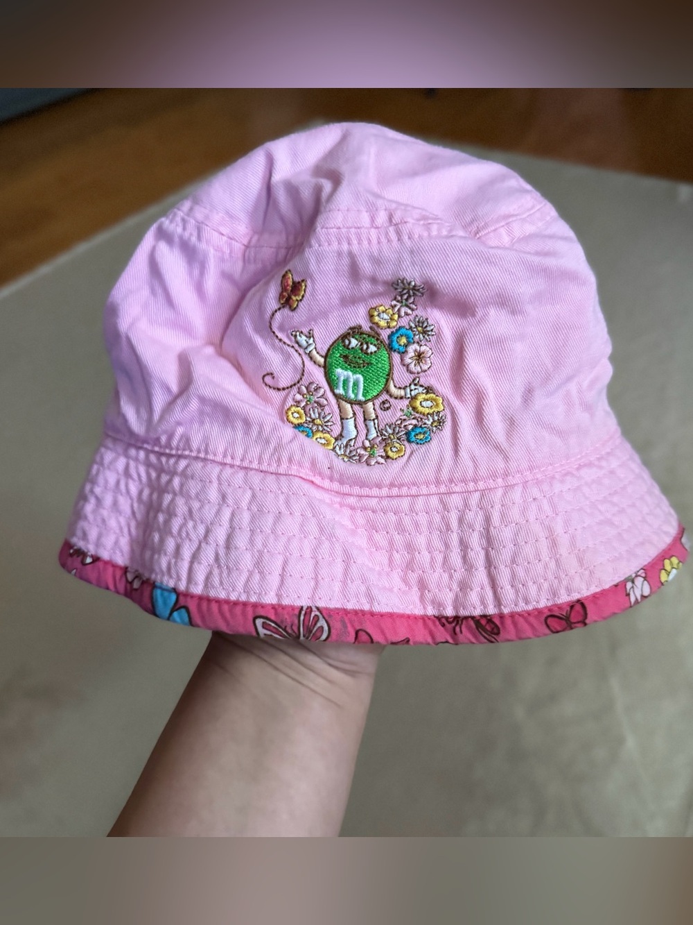 M&M's Pink Reversible Bucket Hat with Green M&M and Butterflies Girls One Size